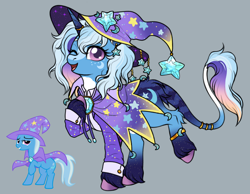 Size: 1280x994 | Tagged: safe, artist:malinraf1615, trixie, pony, unicorn, g4, alternate design, alternate hairstyle, alternate mane color, alternate tail color, alternate tailstyle, alternate universe, blaze (coat marking), blue coat, bracelet, brooch, butt fluff, cape, clothes, coat markings, colored belly, colored eyebrows, colored hooves, colored horn, colored pupils, cute, diatrixes, eyelashes, facial markings, female, fluffy mane, gold jewelry, gradient hooves, gradient horn, gradient legs, gradient mane, gradient tail, gray background, hat, hock fluff, hooves, horn, jewelry, leonine tail, mare, multicolored mane, multicolored tail, one eye closed, pale belly, purple eyes, purple hooves, purple pupils, raised hoof, raised leg, reference used, ring, simple background, socks (coat markings), solo, sparkly horn, sparkly legs, standing on two hooves, starry eyes, stripes, suit, tail, tail fluff, tail markings, tail ring, trixie's brooch, trixie's cape, trixie's hat, tuxedo, two toned horn, unshorn fetlocks, wall of tags, white belly, wingding eyes, wink