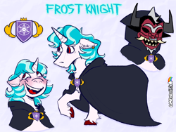 Size: 2000x1500 | Tagged: safe, artist:amendokat, oc, oc only, oc:frost knight, alicorn, pony, alicorn oc, bags under eyes, blushing, clothes, ear piercing, earring, ears back, hooded cape, horn, jewelry, magical lesbian spawn, male, mantle, mask, multicolored hair, offspring, open mouth, parent:cozy glow, parent:princess flurry heart, parents:cozyheart, piercing, raised hoof, red eyes, reference sheet, smiling, solo, stallion, standing, tail, two toned hair, two toned mane, wings