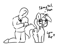 Size: 857x673 | Tagged: safe, artist:anonymous, lyra heartstrings, oc, oc:anon, pony, unicorn, g4, /mlp/, black and white, duo, duo male and female, female, grayscale, horn, male, monochrome, simple background, sketch, smiling, white background