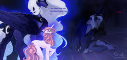 Size: 3421x1608 | Tagged: safe, artist:sorninay, princess luna, sweetie belle, alicorn, pony, unicorn, g4, concave belly, duo, duo female, female, height difference, horn, large wings, offscreen character, slender, speech bubble, text, thin, wings