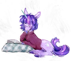 Size: 1233x1058 | Tagged: safe, alternate version, artist:lutraviolet, twilight sparkle, pony, g4, 2023, alternate cutie mark, alternate tailstyle, blue text, blush lines, blushing, bobcut, book, butt fluff, clothes, colored eartips, colored hooves, colored horn, cute, dot eyes, ear fluff, eyebrows, frown, glasses, gradient horn, hoof on chin, hooves, horn, lighter coat, long horn, looking at something, lying down, open book, pillow, prone, purple blush, purple hooves, raised eyebrow, raised hoof, reading, shiny horn, shiny mane, shiny tail, short hair, short mane, short mane twilight sparkle, signature, simple background, solo, sparkly hooves, sparkly mane, sparkly tail, sweater, tail, text, turtleneck, turtleneck sweater, twiabetes, underhoof, unshorn fetlocks, wall of tags, white background