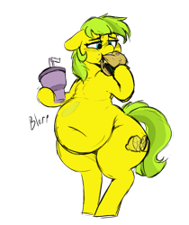 Size: 803x958 | Tagged: safe, artist:polofastter, artist:somefrigginnerd, oc, oc only, oc:lemon drop, earth pony, pony, belly, belly button, big belly, bipedal, burger, commissioner:lemondrop, eating, fat, female, floppy ears, food, large butt, mare, simple background, sketch, solo, stomach noise, transparent background, wide hips