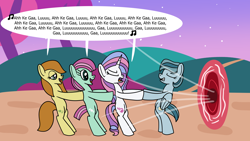 Size: 1920x1080 | Tagged: safe, artist:platinumdrop, caramel latte, grey skies, minty (g4), potion nova, earth pony, pegasus, pony, unicorn, g4, g4.5, my little pony: pony life, portal combat, commission, g4.5 to g4, generation leap, horn, portal, pulling, singing