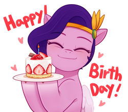 Size: 2797x2449 | Tagged: safe, artist:maren, pipp petals, pegasus, pony, g5, adorapipp, birthday, birthday cake, blushing, cake, colored wings, cute, diadem, eyebrows, eyebrows visible through hair, eyes closed, female, folded wings, food, high res, jewelry, mare, markings, plate, regalia, signature, simple background, smiling, solo, strawberry, text, unshorn fetlocks, white background, wings
