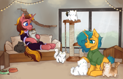 Size: 6550x4208 | Tagged: safe, artist:хлебушек, oc, oc only, oc:drew dru, oc:wry bell, cat, pony, unicorn, couch, cuddling, duo, horn, pet bowl, petting, scratching post, string lights, window