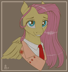 Size: 970x1020 | Tagged: safe, artist:stray prey, part of a set, fluttershy, pegasus, pony, g4, bust, clothes, coat, female, framed picture, looking at you, mare, medic (tf2), necktie, partially open wings, shirt, smiling, smiling at you, solo, team fortress 2, wings