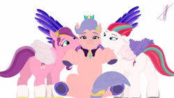 Size: 1920x1080 | Tagged: safe, artist:sdfabian, pipp petals, queen haven, zipp storm, pegasus, pony, g5, cheek kiss, female, kiss sandwich, kissing, simple background, trio, trio female, white background