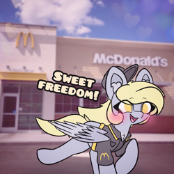 Size: 4096x4096 | Tagged: safe, artist:sodapop sprays, part of a set, derpy hooves, pegasus, pony, series:derpy can't catch a break, g4, blushing, chest fluff, clothes, ear fluff, eye clipping through hair, fast food, food, freckles, long hair, mcdonald's, meme, ponytail, running, solo, text