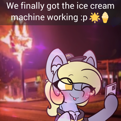 Size: 2048x2048 | Tagged: safe, artist:sodapop sprays, part of a set, derpy hooves, pegasus, pony, series:derpy can't catch a break, g4, ;p, blushing, chest fluff, clothes, ear fluff, eye clipping through hair, fast food, fire, food, freckles, hat, impossible, long hair, mcdonald's, meme, one eye closed, selfie, solo, text, tongue out, wink