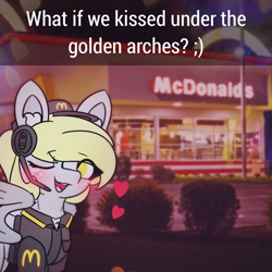 Size: 1293x1293 | Tagged: safe, artist:sodapop sprays, part of a set, derpy hooves, pegasus, pony, series:derpy can't catch a break, g4, blushing, chest fluff, clothes, ear fluff, eye clipping through hair, fast food, flirting, food, freckles, long hair, mcdonald's, meme, one eye closed, solo, text, what if we kissed, wink