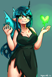 Size: 2323x3422 | Tagged: safe, artist:mylittleyuri, queen chrysalis, human, g4, alicorn humanization, blushing, breasts, busty queen chrysalis, clothes, cute, cutealis, dress, fangs, female, green background, heart, horned humanization, humanized, magic, simple background, winged humanization