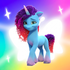 Size: 240x240 | Tagged: safe, misty brightdawn, pony, unicorn, g5, my little pony: a zephyr heights mystery, official, coat markings, colored belly, cornrows, cute, female, freckles, gradient background, horn, looking at you, mare, mistybetes, rainbow background, rebirth misty, socks (coat markings)