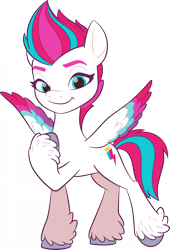 Size: 1465x2160 | Tagged: safe, zipp storm, pegasus, pony, g5, my little pony: a zephyr heights mystery, official, colored wings, female, looking at you, mare, multicolored wings, raised hoof, simple background, smiling, solo, spread wings, transparent background, wings