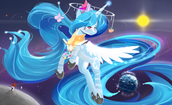 Size: 2560x1560 | Tagged: safe, artist:ssnerdy, oc, oc only, alicorn, pony, alicorn oc, astronaut, earth, element of generosity, element of honesty, element of kindness, element of laughter, element of loyalty, element of magic, elements of harmony, horn, macro, moon, solo, space, spaceship, sun, wings