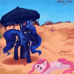 Size: 3000x3000 | Tagged: safe, artist:some_ponu, pinkie pie, princess luna, alicorn, earth pony, pony, g4, desert, dialogue, dream, dream walker luna, duo, duo female, female, hoof hold, lidded eyes, looking at something, lying down, mare, melting, painterly, parasol (umbrella), prone, signature, x eyes