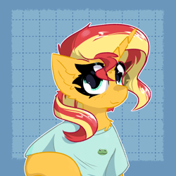 Size: 2000x2000 | Tagged: safe, artist:jubyskylines, sunset shimmer, pony, unicorn, g4, clothes, female, horn, mare, patterned background, shirt, smiling, solo, t-shirt