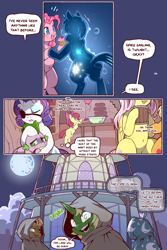 Size: 960x1440 | Tagged: safe, artist:cold-blooded-twilight, apple bloom, applejack, fluttershy, pinkie pie, rarity, spike, twilight sparkle, earth pony, pegasus, pony, unicorn, cold blooded twilight, comic:cold storm, g4, bipedal, bipedal leaning, comic, dialogue, evil smile, eyepatch, eyes closed, eyeshadow, female, filly, foal, glowing, glowing eyes, leaning, looking away, looking back, makeup, mare, open mouth, open smile, ponyville town hall, smiling, speech bubble, thought bubble, unicorn twilight