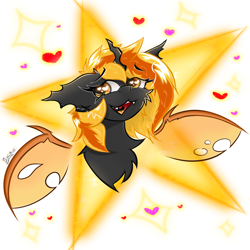 Size: 2000x2000 | Tagged: safe, artist:spirit-fireheart, oc, oc only, oc:accord rash, changeling, bust, changeling oc, chest fluff, ear fluff, fangs, happy, heart, horn, male, portrait, solo, wings, yellow changeling