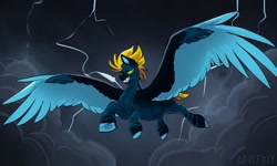 Size: 2500x1500 | Tagged: source needed, useless source url, safe, artist:adelfrey, oc, oc only, pegasus, pony, blue body, dark background, flying, green eyes, large wings, light, male, pegasus oc, pony oc, smiling, solo, wings