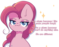 Size: 1200x950 | Tagged: safe, artist:miryelis, pinkie pie, earth pony, pony, g4, big ears, female, looking at you, mare, meme, simple background, smiling, smug, solo, sparkles, text, we are not the same, white background