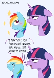 Size: 726x1036 | Tagged: safe, artist:eltrash_art6, rainbow dash, twilight sparkle, alicorn, pegasus, pony, g4, testing testing 1-2-3, 2 panel comic, blushing, comic, crying, duo, duo female, female, i'm not calling you good boy, mare, meme, open mouth, ponified meme, sad, twilight sparkle is not amused, unamused