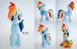 Size: 2000x1278 | Tagged: safe, artist:meplushyou, rainbow dash, pegasus, pony, g4, folded wings, food, irl, mango, multiple views, photo, plushie, simple background, solo, wings