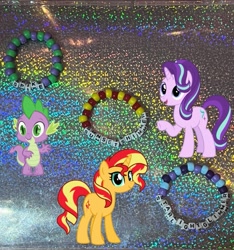 Size: 673x720 | Tagged: safe, artist:lnx1ynight16, part of a set, spike, starlight glimmer, sunset shimmer, dragon, pony, unicorn, g4, best friends, bracelet, female, horn, jewelry, kandi, looking at you, male, smiling, trio, wingless spike