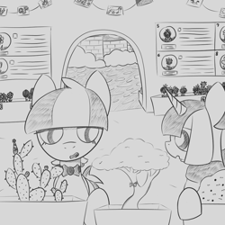 Size: 1020x1020 | Tagged: safe, artist:castafae, oc, oc only, oc:reign, oc:rush, pegasus, pony, robot, robot pony, unicorn, bonsai, botanical garden, bowtie, cactus, duo, duo female, female, flower, garden, grayscale, horn, lidded eyes, mare, monochrome, siblings, sisters