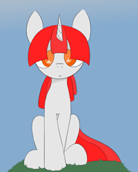 Size: 1107x1386 | Tagged: safe, artist:castafae, oc, oc only, oc:reign, pony, robot, robot pony, unicorn, female, horn, mare, sitting, solo, wingding eyes