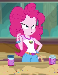 Size: 847x1080 | Tagged: safe, screencap, pinkie pie, human, equestria girls, g4, my little pony equestria girls: legend of everfree, :o, belt, bracelet, clothes, cropped, female, food, hand on hip, jewelry, lidded eyes, mid-blink screencap, open mouth, shirt, shorts, smiling, solo, sprinkles, t-shirt