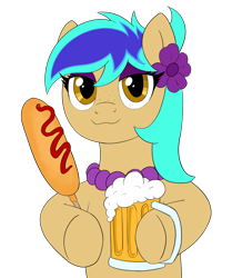 Size: 1823x2091 | Tagged: safe, artist:ligmire, derpibooru exclusive, oc, oc only, oc:flowish, earth pony, pony, :3, alcohol, beer, beer mug, corn, corndog, drink, facial freckles, flower, flower in hair, food, freckles, jewelry, ketchup, necklace, pearl necklace, sauce, sausage, simple background, smug, solo, transparent background