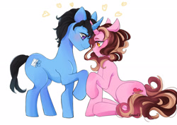 Size: 2279x1616 | Tagged: safe, artist:kyriamask, oc, oc only, oc:color breezie, oc:mysterious science, unicorn, couple, duo, duo male and female, female, heart, horn, looking at each other, looking at someone, male, simple background, white background