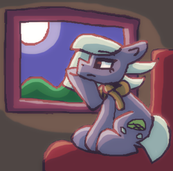 Size: 412x409 | Tagged: safe, artist:rosa ushiromiya, limestone pie, earth pony, pony, g4, clothes, female, hoof on cheek, mare, moon, scarf, scenery, sitting, solo, window