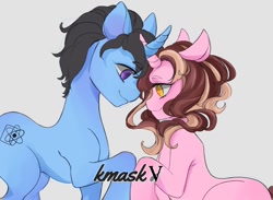 Size: 1150x842 | Tagged: safe, artist:kyriamask, oc, oc only, oc:color breezie, oc:mysterious science, unicorn, couple, duo, duo male and female, female, gray background, horn, male, simple background, wip