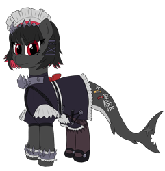 Size: 2037x2109 | Tagged: safe, artist:ligmire, pony, clothes, ellen joe (zenless zone zero), fish tail, maid, ponified, red eyes, shark tail, shoes, short hair, simple background, solo, tail, transparent background, zenless zone zero