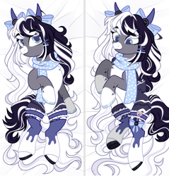 Size: 2272x2373 | Tagged: safe, artist:sakurimii, oc, oc only, oc:oreo cream, pegasus, pony, bed, bow, chest fluff, clothes, coat markings, colored hooves, colored pupils, colored wings, colored wingtips, cookie, eyebrows, eyebrows visible through hair, facial markings, female, food, garters, hooves, horns, lying down, mare, mealy mouth (coat marking), on back, on bed, on side, oreo, pale belly, scarf, socks, socks (coat markings), solo, wings