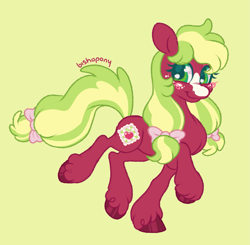 Size: 2041x2000 | Tagged: safe, artist:bishopony, applejack (g3), earth pony, pony, g3, alternate design, alternate hairstyle, alternate tailstyle, blaze (coat marking), blush scribble, blushing, bow, coat markings, colored pupils, cute, facial markings, female, freckles, green background, hair bow, high res, looking back, mare, pigtails, raised hoof, raised leg, requested art, signature, simple background, smiling, solo, standing on two hooves, tail, tail bow, unshorn fetlocks