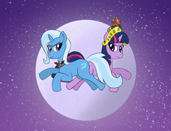 Size: 1974x1506 | Tagged: safe, artist:ligmire, trixie, twilight sparkle, unicorn, g4, alicorn amulet, angry, big crown thingy, duo, duo female, element of magic, female, horn, jewelry, moon, night, reference to another series, regalia, smug, sonic adventure 2, sonic the hedgehog (series), stars, unicorn twilight