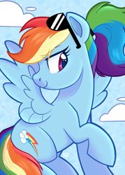 Size: 1463x2048 | Tagged: safe, artist:slushpony, rainbow dash, pegasus, pony, g4, alternate hairstyle, cloud, female, flying, heart, heart eyes, mare, ponytail, profile, raised hoof, signature, sky, sky background, smiling, solo, spread wings, sunglasses, sunglasses on head, wingding eyes, wings