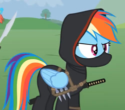 Size: 1279x1130 | Tagged: safe, artist:agrol, edit, rainbow dash, pegasus, pony, tales of adventurers, g4, cropped, dagger, hood, katana, kunai, ninja, ninja dash, solo, sword, weapon