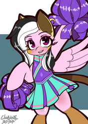 Size: 744x1052 | Tagged: safe, artist:chiefywiffy, oc, oc only, oc:moon, pony, cheerleader, cheerleader outfit, clothes, commission, female, mare, pom pom, raffle prize, simple background, solo, ych result