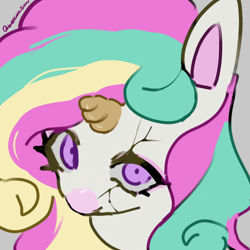 Size: 4096x4096 | Tagged: safe, artist:metaruscarlet, oc, oc only, oc:dreamy parfait, pony, unicorn, absurd resolution, bust, coat markings, colored horn, colored pinnae, colored pupils, crack, eyelashes, eyeshadow, facial markings, gray background, horn, looking at you, makeup, multicolored mane, no mouth, pink eyeshadow, purple eyes, purple pupils, simple background, snip (coat marking), solo, three toned mane, unicorn oc, white coat