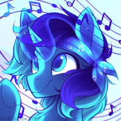 Size: 828x828 | Tagged: safe, artist:scarlet-spectrum, oc, oc only, oc:rocky blues, pony, unicorn, blue coat, blue eyes, blue magic, blue pony, blue pupils, bust, colored pupils, commission, commissioner:legionofblues, glowing, glowing horn, hoof heart, horn, looking up, magic, male, male oc, music notes, raised hoof, shiny eyes, signature, smiling, solo, stallion, stallion oc, underhoof, unicorn oc