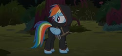 Size: 2340x1080 | Tagged: safe, artist:agrol, edit, rainbow dash, pegasus, pony, tales of adventurers, g4, dagger, forest, hood, katana, looking around, nature, ninja, screenshots, solo, sword, tree, weapon