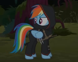 Size: 1364x1080 | Tagged: safe, artist:agrol, edit, rainbow dash, pegasus, pony, tales of adventurers, g4, cropped, dagger, forest, hood, katana, looking around, nature, ninja, screenshots, solo, sword, tree, weapon