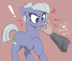 Size: 2250x1900 | Tagged: safe, artist:t72b, limestone pie, oc, oc:anon, earth pony, human, pony, g4, angry, bad idea, cross-popping veins, danger, duo, ears back, emanata, female, frown, limestone pie is not amused, lips, mare, oblivious, pinch, raised hoof, simple background, squishy, this will end in death, this will end in pain, this will end in pain and/or death, too dumb to live, unamused