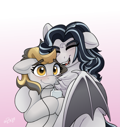 Size: 2913x3072 | Tagged: safe, artist:rivin177, oc, oc only, oc:totalspark, bat pony, earth pony, pony, bat wings, chest fluff, commission, device, duo, duo female, eyelashes, female, gradient background, holding, hug, markings, mp3 player, shy, trans female, transgender, transgender oc, wings