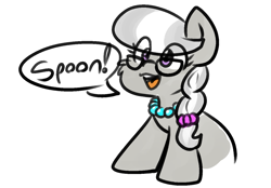 Size: 1293x899 | Tagged: safe, artist:zutcha, silver spoon, earth pony, pony, g4, cute, dialogue, eye clipping through hair, female, filly, foal, open mouth, open smile, simple background, smiling, solo, speech bubble, stubby legs, white background