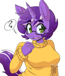 Size: 616x720 | Tagged: safe, artist:mukitsune, oc, oc only, oc:vixen spell, unicorn, anthro, big breasts, big horn, breasts, busty oc, clothes, eyebrows, eyelashes, female, female oc, green eyes, horn, looking at you, open mouth, question mark, short hair, simple background, solo, speech bubble, sweater, tail, turtleneck, two toned hair, two toned tail, unicorn horn, unicorn oc, white background