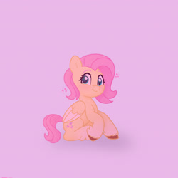 Size: 2480x2480 | Tagged: safe, artist:starburstuwu, fluttershy, butterfly, pegasus, pony, g4, alternate hairstyle, blushing, cute, female, fetlock tuft, gradient legs, high res, looking at you, mare, purple background, short mane, shyabetes, simple background, sitting, smiling, smiling at you, solo, unshorn fetlocks